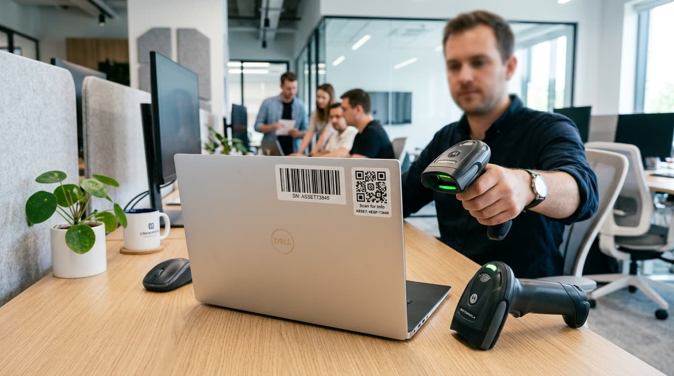 Perbandingan stiker barcode garis dan label QR code pada perangkat kantor