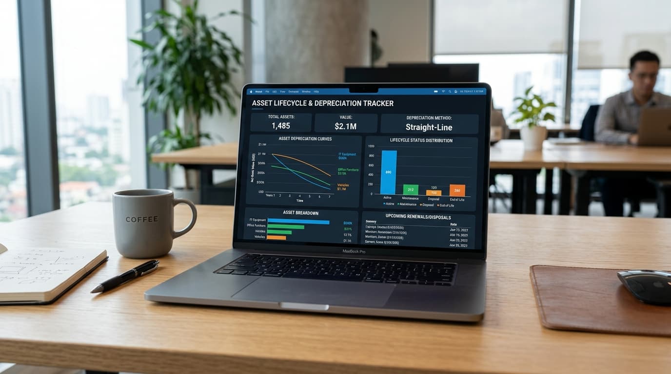 Grafik depresiasi aset dan pemantauan masa manfaat pada dashboard
