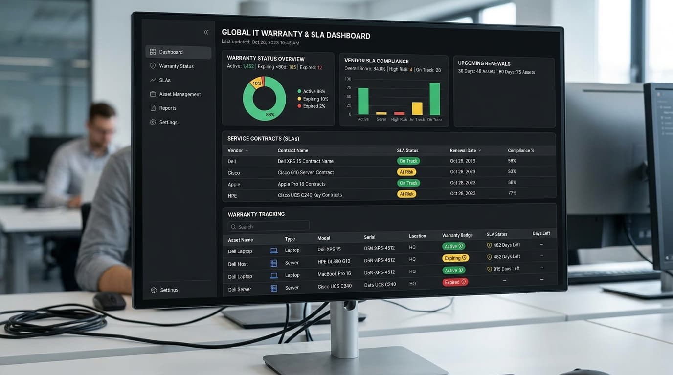 Dashboard pemantauan status garansi aset dan kontrak servis vendor