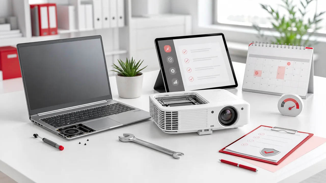 Laptop dan proyektor dalam proses pemeliharaan terjadwal