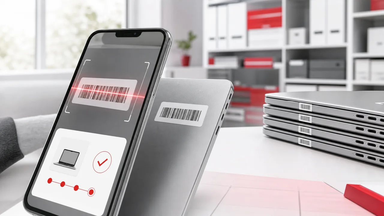 Smartphone memindai barcode pada laptop inventaris